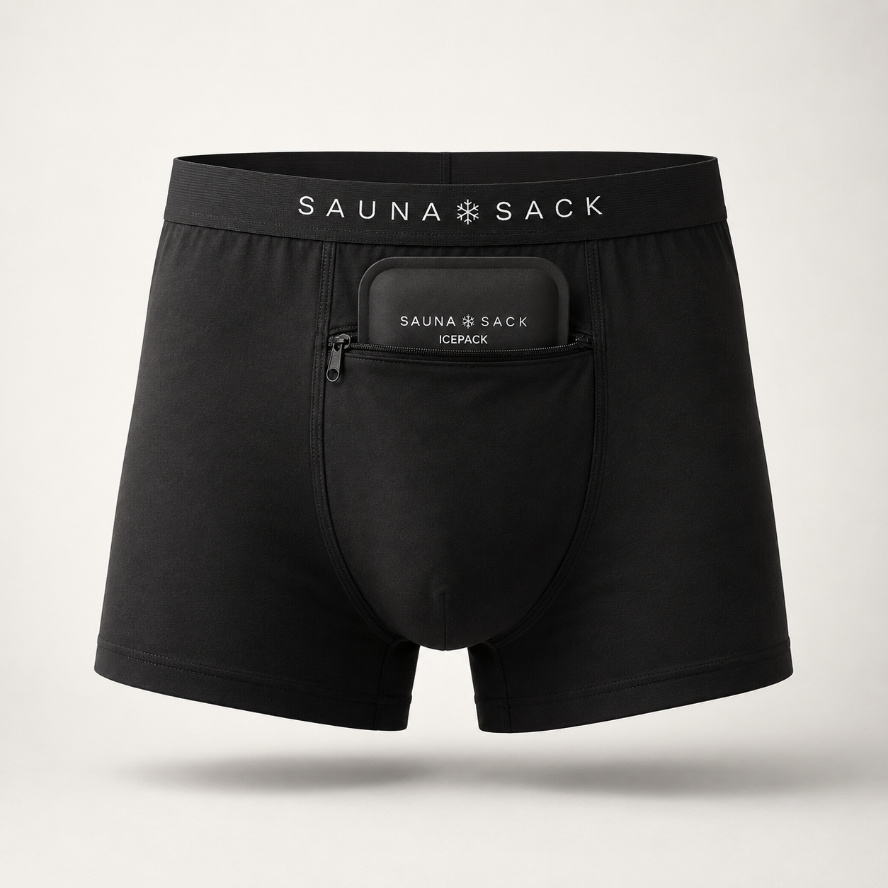 Front view of SaunaSack cooling briefs with icepack pocket