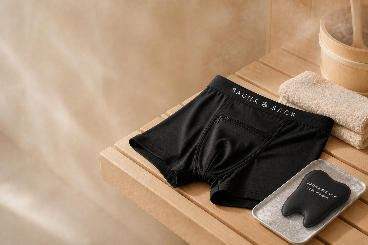 Man wearing the SaunaSack Cooling Brief in a sauna